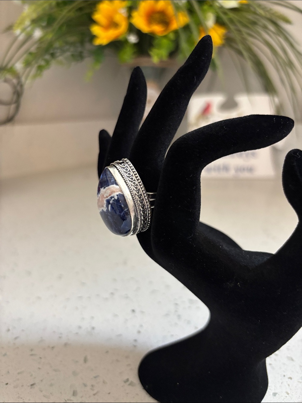 Teardrop Blue & White Sodalite Gemstone Ring Size 8 - Picture 6 of 8